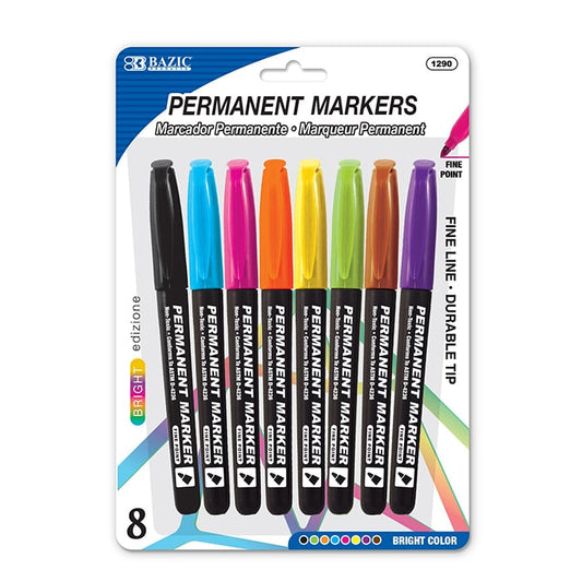 Bright Colors Fine Tip Permanent Markers w/ Pocket Clip (8/Pack)