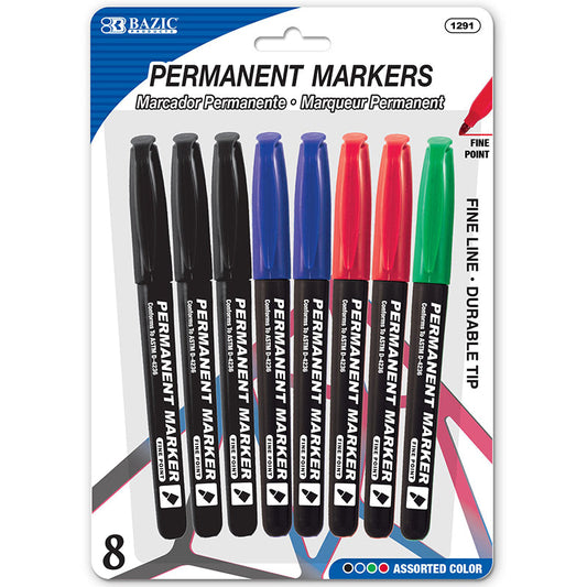 Assorted Colors Fine Tip Permanent Markers w/ Pocket Clip (8/Pack)