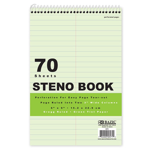 70 Ct. 6" X 9" Green Tint Gregg Ruled Steno Book